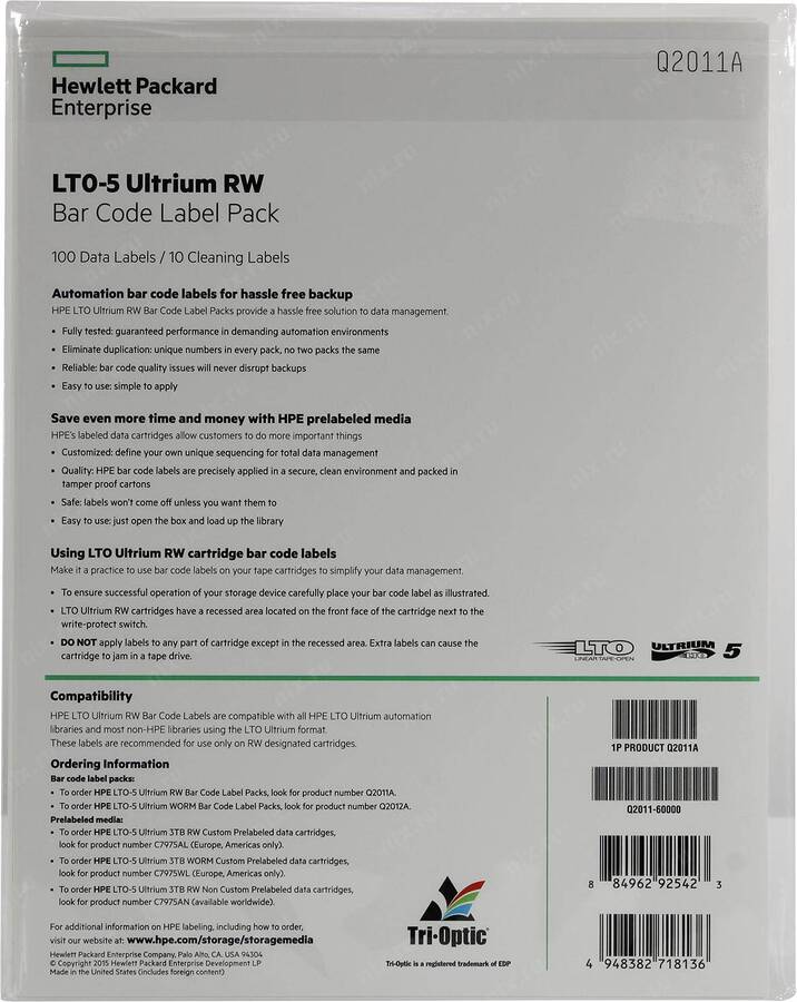 Наклейки на картриджи данных Hewlett-Packard Ultrium LTO5 3TB bar code label pack (100 data + 10 cleaning)