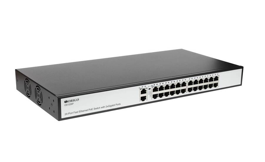 ORIGO OS1226P/285W/A1A Неуправляемый PoE-коммутатор 24x100Base-TX PoE+, 2x1000Base-T, PoE-бюджет 285 Вт, корпус металл