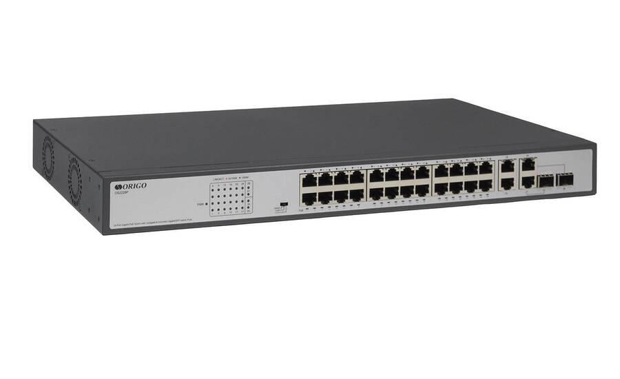 ORIGO OS2228P/370W/A1A Неуправляемый PoE-коммутатор 24x1000Base-T PoE+, 2x1000Base-T, 2xCombo 1000Base-T/SFP, PoE-бюджет