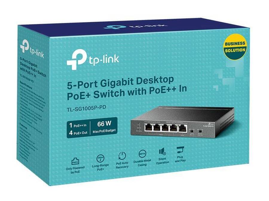 TP-Link TL-SG1005P-PD Настольный коммутатор с 5 гигабитными портами (1 порт с входящим PoE++, 4 порта с исходящим PoE+)
