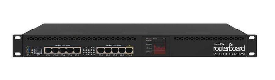 MikroTik RB3011UiAS-RM Маршрутизатор RouterOS License:5, LAN 10xГбит/с, 1xSFP port, USB 3.0, ЖК-дисплей, выход PoE