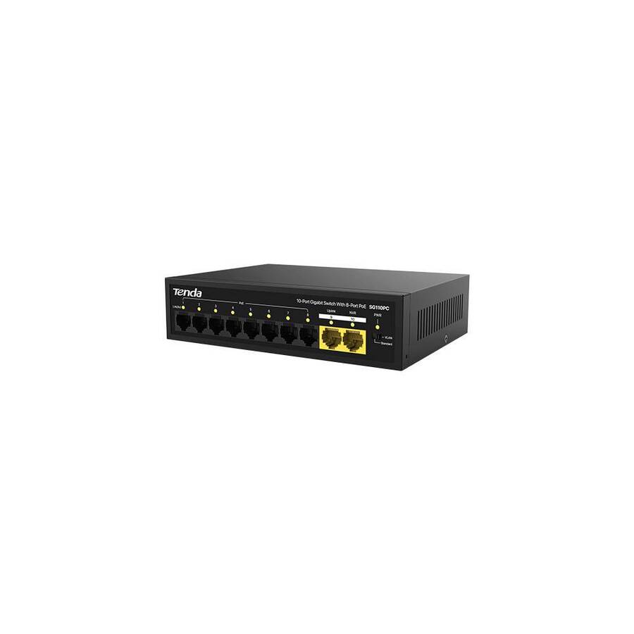 Tenda SG110PC Коммутатор неуправляемый PoE, 10 портов, 10x1 Гбит/с, PoE 8х30 Вт, 2хUplink, настольный