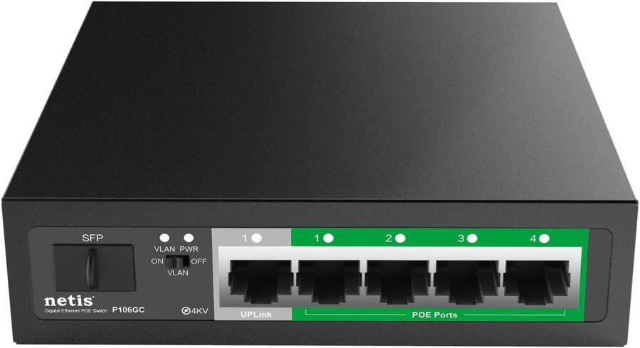Netis P106GC Коммутатор неуправляемый PoE, 5 портов, 5x1 Гбит/с, PoE+ 4х30 Вт (до 60Вт), SFP 1x1 Гбит/с