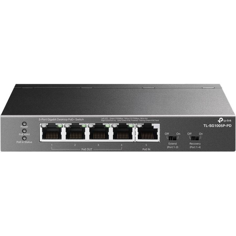TP-Link TL-SG1005P-PD Настольный коммутатор с 5 гигабитными портами (1 порт с входящим PoE++, 4 порта с исходящим PoE+)