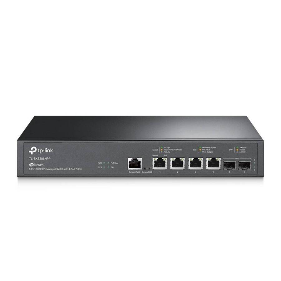 TP-Link TL-SX3206HPP JetStream 6-портовый управляемый коммутатор с 4 портами PoE++ 10GBase-T и 2 слотами SFP+ 10GE