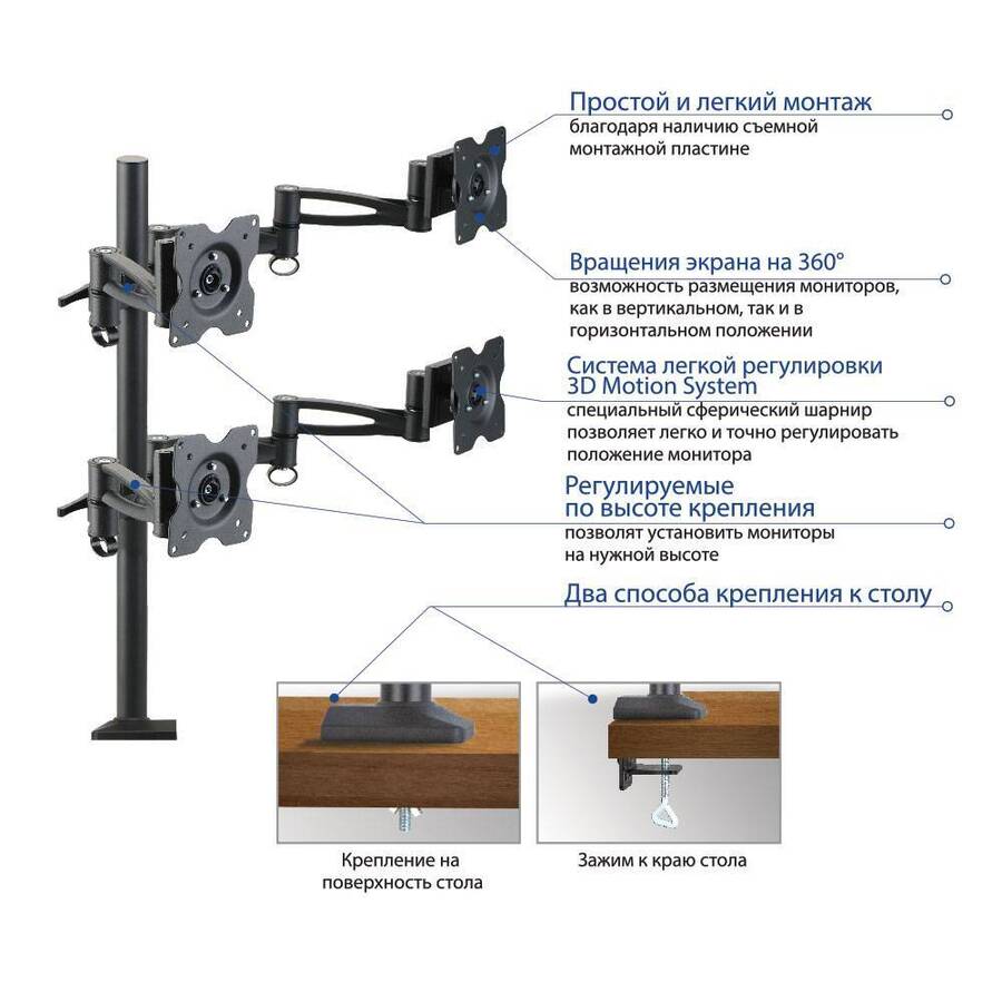 Кронштейн Kromax OFFICE-4 черный для 4-х мониторов LCD 15-32, настольный, VESA 75x75/100x100, высота max 838 мм