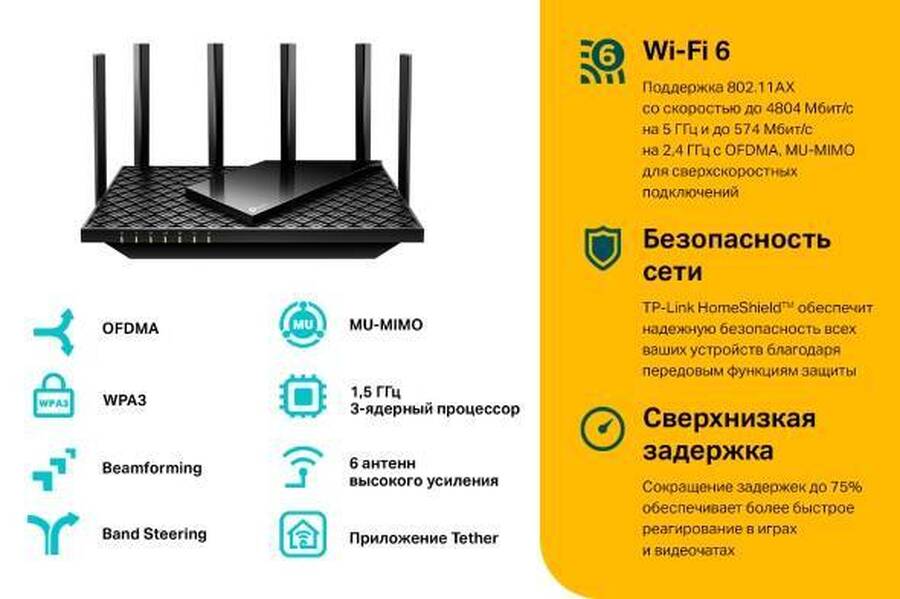 TP-Link Archer AX73 Двухдиапазонный гигабитный Wi‑Fi 6 роутер AX5400, до 574 Мбит/с на 2,4 ГГц + до 4804 Мбит/с на 5 ГГц