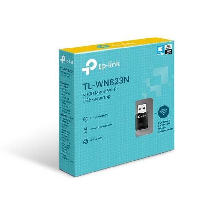TP-Link TL-WN823N Мини Wi-Fi USB адаптер N300, до 300 Мбит/с на 2,4 ГГц, USB 2.0, кнопка WPS