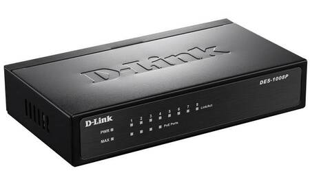 D-Link DES-1008P/C1A Неуправляемый коммутатор с 8 портами 10/100Base-TX (4 порта PoE 802.3af, PoE-бюджет 52 Вт)
