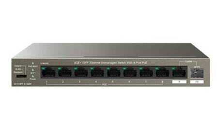 IP-COM G1110PF-8-102W Коммутатор неуправляемый PoE, 10 портов, 9x1 Гбит/с, SFP 1х1 Гбит/с, PoE 8х30 Вт (до 92 Вт)
