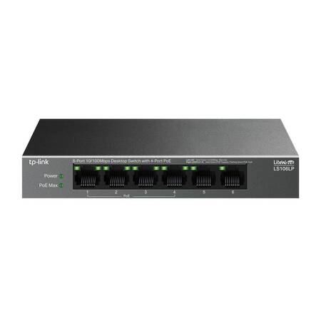 TP-Link LS106LP Настольный коммутатор с 6 портами 10/100 Мбит/с (4 порта PoE), стальной корпус